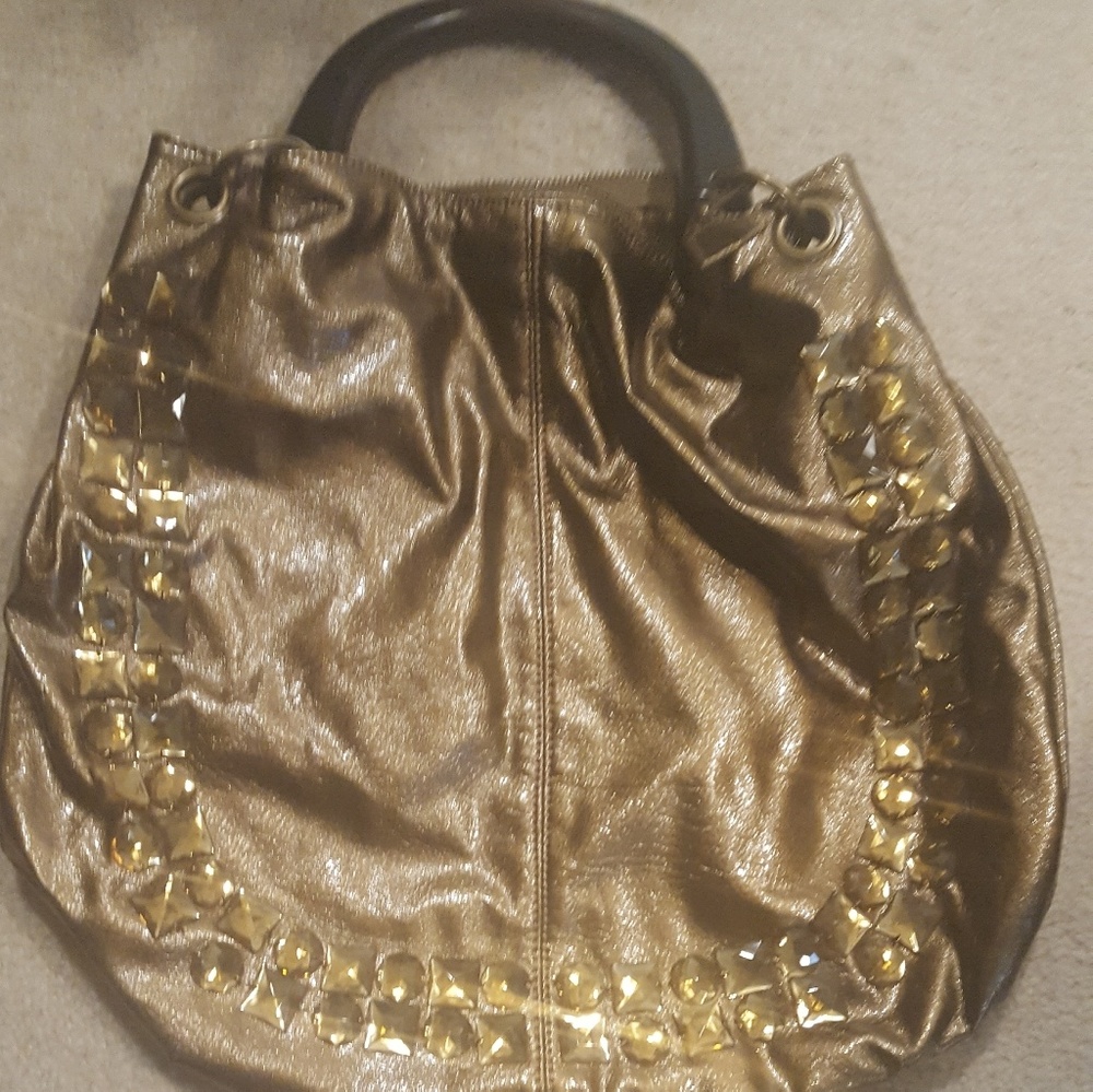 Large Jeweled Metallic wood handle purse